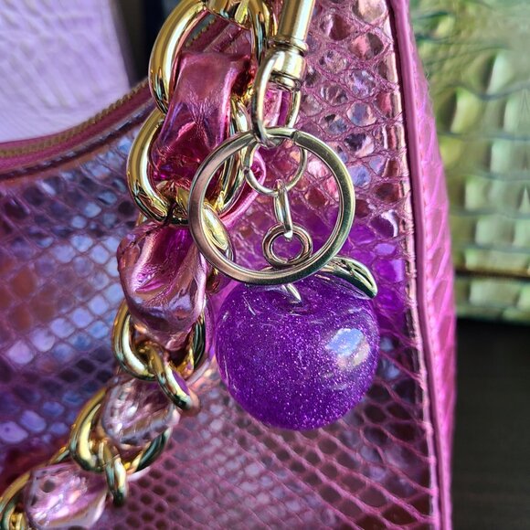Purple Apple Purse Charm and Key Ring Sparkly Gold or Silver Toned Hardware - Picture 3 of 12